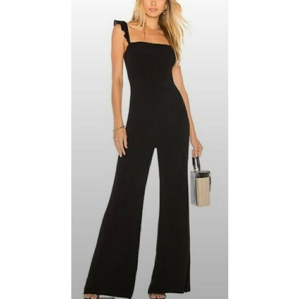 New Flynn Skye Bardot Jumpsuit Womens XS Solid Black Rayon Jumper
